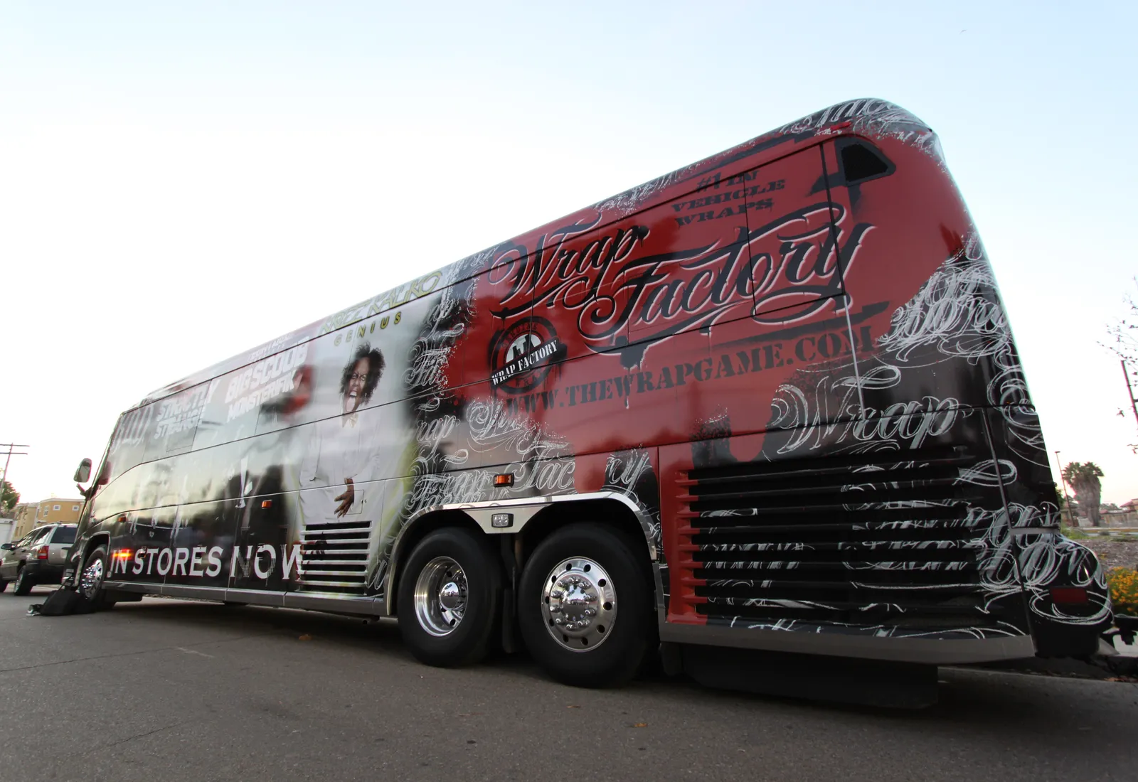 Tech N9ne tour bus wrapped by Wrap Factory, with the Wrap Factory logo printed on the design